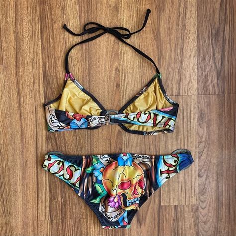 Ed Hardy Swim Ed Hardy Vintage Y K Rare Black Gold Skulls String Triangle Edgy Bikini Set