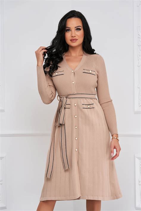 Rochie Din Tricot Nude Midi In Clos Accesorizata Cu Cordon SunShine