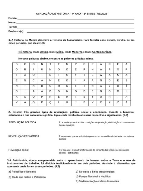 Avaliação De Historia 4 Ano 1 Bimestre