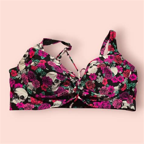 Torrid Swim Torrid Pink Black Floral Roses Skull Swim Top Bikini
