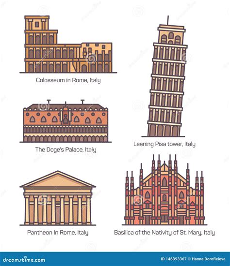 Set Of Isolated Italian Famous Landmarks Italy Stock Vector