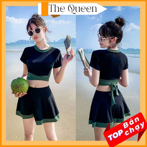 Bikini hai mảnh đồ bơi đi biển áo tay ngắn kín đáo váy xòe phong cách Hàn Quốc The queen 073