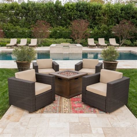 Archer Outdoor 5 Piece Wicker Swivel Club Chairs with Brown Gas Fire ...