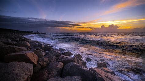 Wallpaper Sea, rocks, dusk, sunset 1920x1200 HD Picture, Image