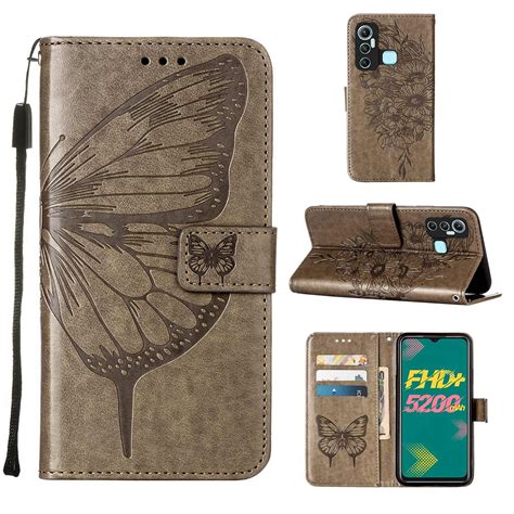 For Infinix Hot 11 Embossed Butterfly Leather Phone Case Grey Alexnld