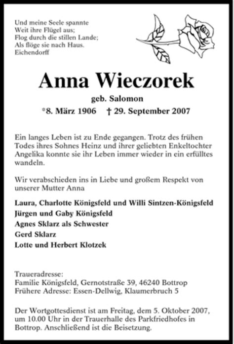 Traueranzeigen Von Anna Wieczorek Trauer In NRW De