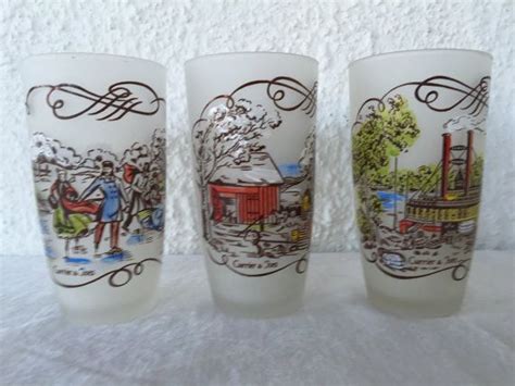 Vintage Hazel Atlas Gay Fad Studios Hand Painted Currier Ives Glasses