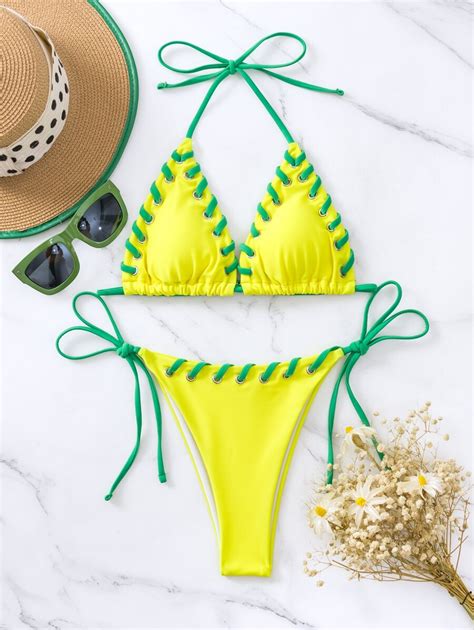 Shein Swim Sprty Contrast Binding Halter Triangle Tie Side Bikini