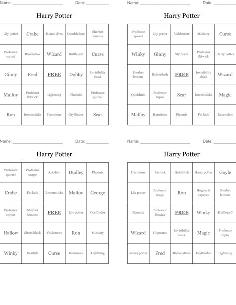 Free Printable Harry Potter Bingo Game