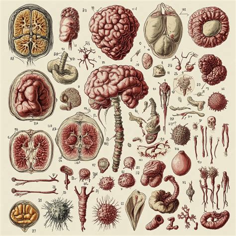 Detailed anatomical illustration of different types of cancerous tumors