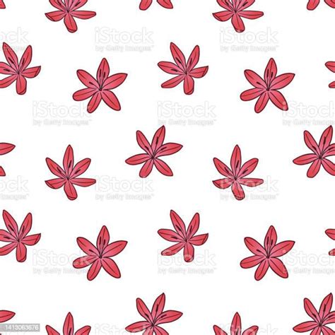 Pink River Lily Flower Seamless Pattern In Pink Colored Line Art Beautiful Isolated Hand Drawn