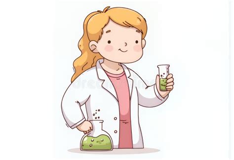 Cheerful Blonde Chibi Scientist In White Lab Coat Holding Beaker With Light Green Liquid Korean