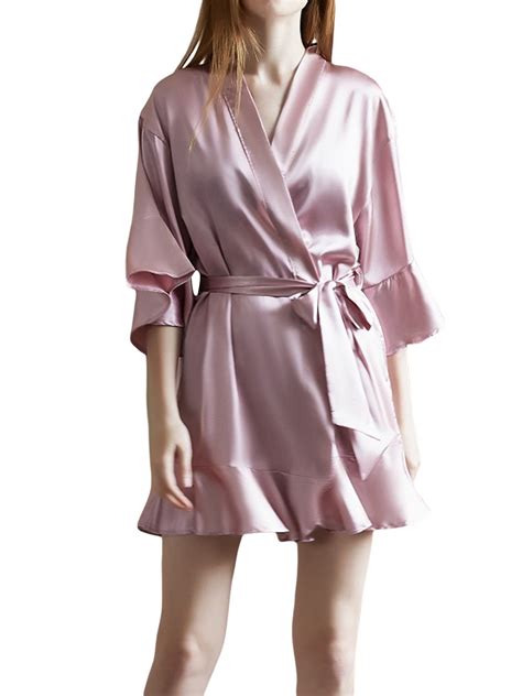 Biekopu Women S Satin Robes Sleeve Ruffle Hem Kimono Robe Silk Bridesmaid Robe Lingerie