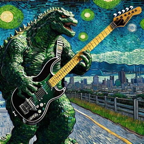 Godzilla Playing Guitar Chrome Statue Inlaid Wi