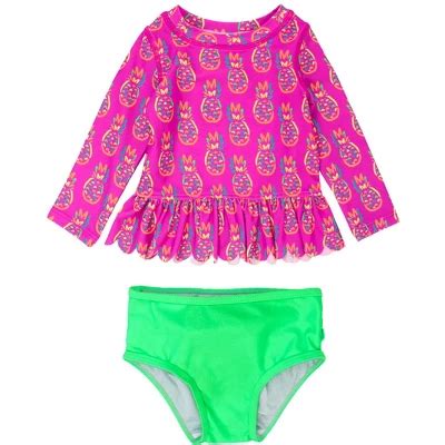 Rufflebutts Baby Girls Upf Scallop Hem Long Sleeve Rash Guard Bikini Neon Violet Pineapples