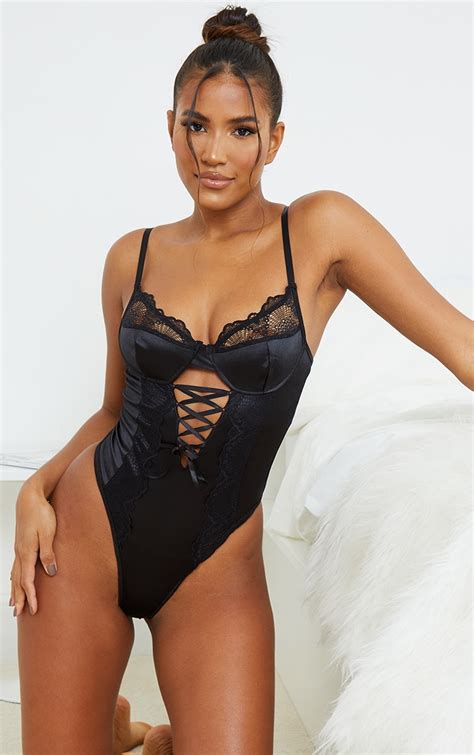 Black Lace Up Lace And Satin Body Lingerie Nightwear