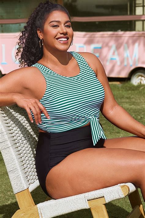 Plus Size Green Stripe Knotted Crop Bikini Top Meet Curve Meet Curve