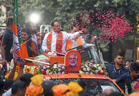 Jp Nadda Holds Massive Roadshow In Haryanas Rohtak