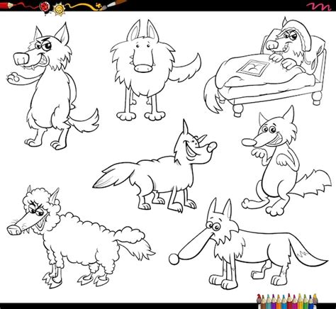 Premium Vector Cartoon Wolves Animal Characters Set Coloring Page