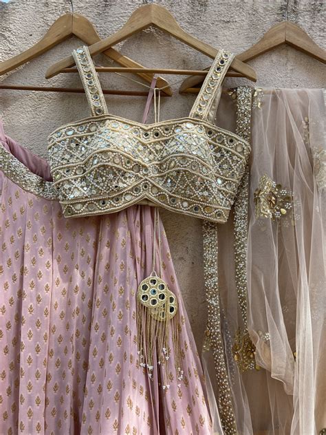 Nude Pink Lehenga Set With Mirror Bustier And Nude Dupatta Priti Sahni