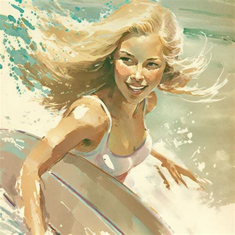 Premium Ai Image Painting Of A Woman In A Bikini Riding A Surfboard