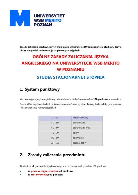 Jezyk Angielski Zasady Zaliczenia Zasady Zaliczania J Zyk W