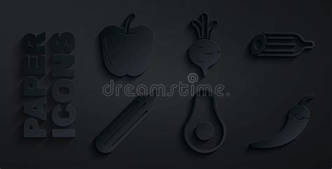 Set Avocado Fruit Fresh Cucumber Hot Chili Pepper Pod Beet And Apple Icon Vector Stock