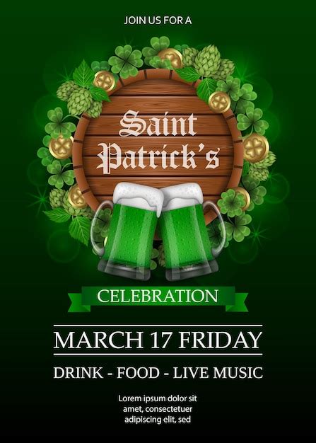 Premium Vector Saint Patricks Day Poster With Wooden Barrel And