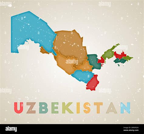 Mapa De Uzbekistán Cartel De País Con Regiones De Colores Vieja Textura Grunge Ilustración