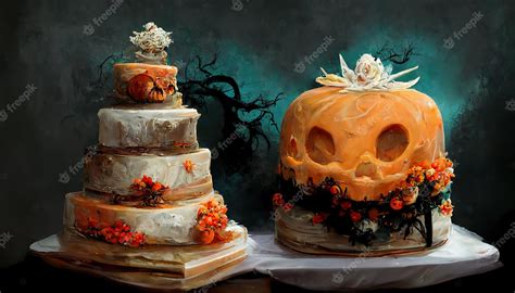 Halloween Wedding Cake Concept Art Illustration Premium Ai Generated