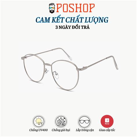 Gọng kính cận nam nữ POSHOP kính mát mắt tròn màu vàng đi đêm gọng kim loại hot trend thời trang