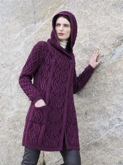 Ladies One Button Hooded Coat By Natallia Kulikouskaya For Aran Crafts Of Ireland Knitwear