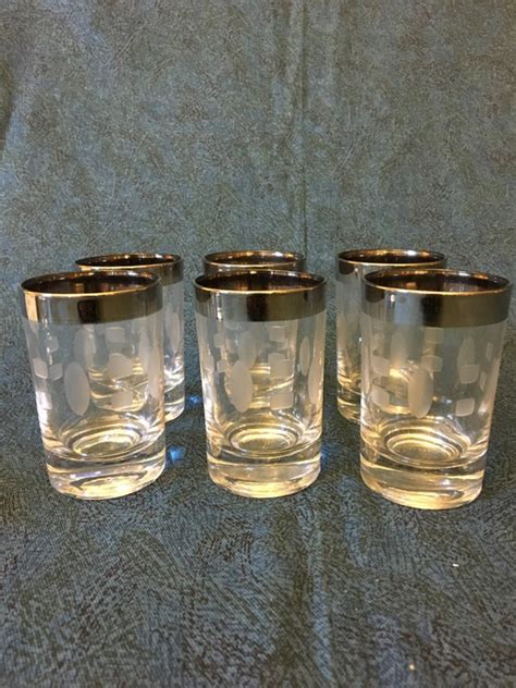 Vintage Silver Rimmed Shot Glasses Set Of 6 Mid Century