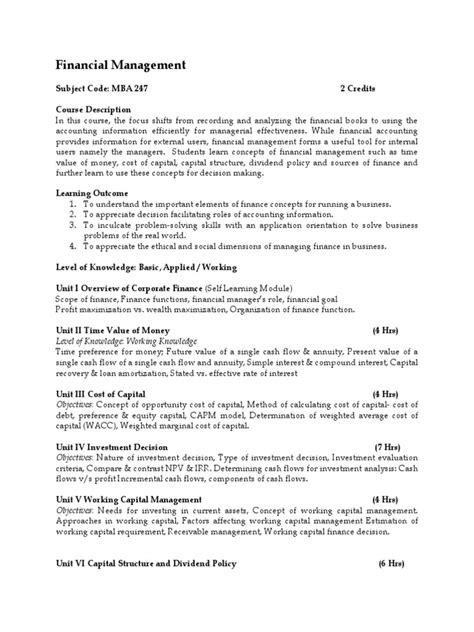 Financial Management Syllabus Pdf Cost Of Capital Money