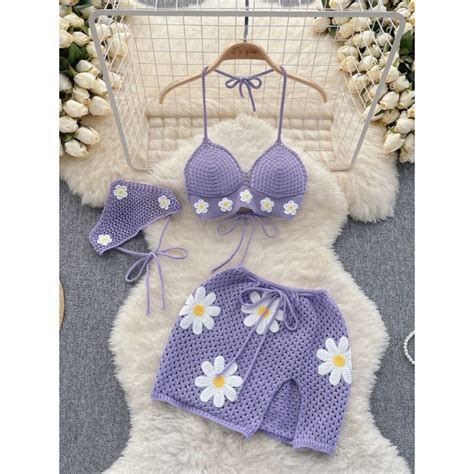 ORDER Set Len Bikini 2 Mảnh Áo Yếm Chân Váy Hoa Cúc Kèm Khăn Shopee Việt Nam