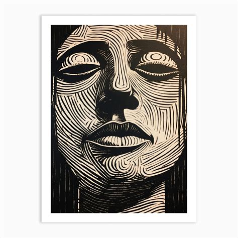 Serene Linocut Face 2 Art Print By Essence Lines Fy