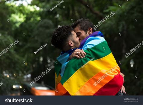 Gay Couple Kissing Rainbow Flag Park Stock Photo Shutterstock