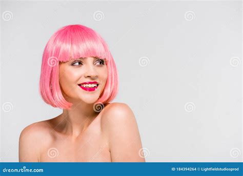 Smiling Naked Girl In Pink Wig Isolated On Grey Stock Photo Image Of Smiling Adult 184394264
