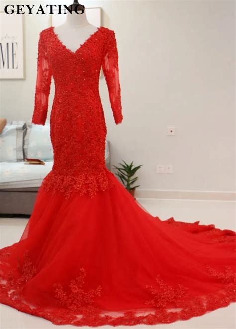 Aliexpress Buy Red Lace Appliques Prom Dresses Long Sleeves