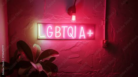 LGBTQIA Written In Pink Neon On An Indoor Plaster Wall Representing The Lesbian Gay Bisexual