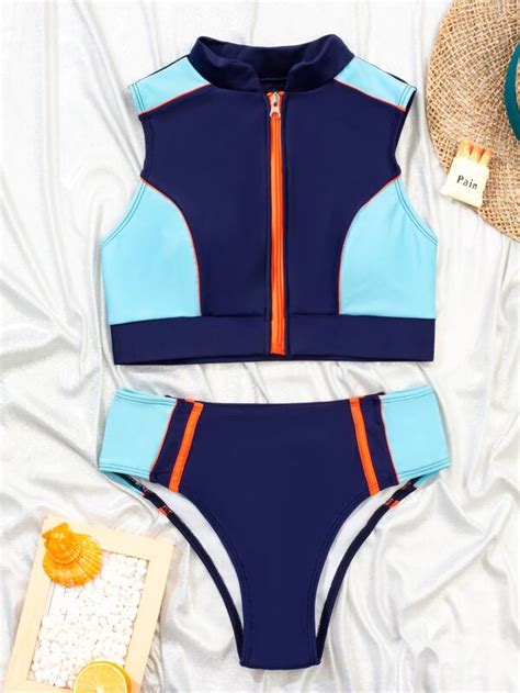SHEIN Swim SERF Conjunto De Bikini Con Bloques De Color Camiseta Sin Mangas Con Cremallera