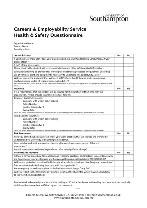 Health And Safety Questionnaire