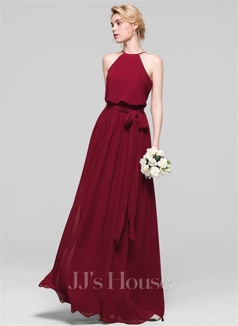 A Line Scoop Floor Length Chiffon Bridesmaid Dress With Bow 007090145