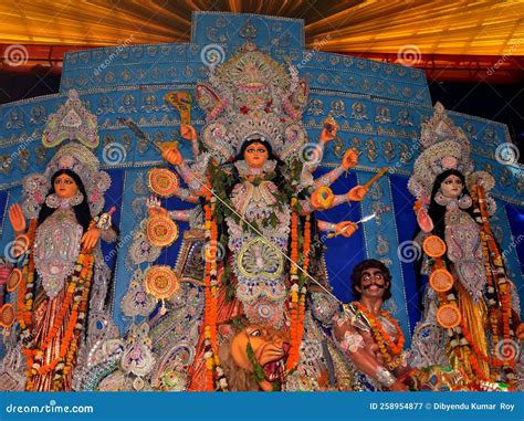 Beautiful Goddess Durga Idol During Durga Pooja Celebration Editorial