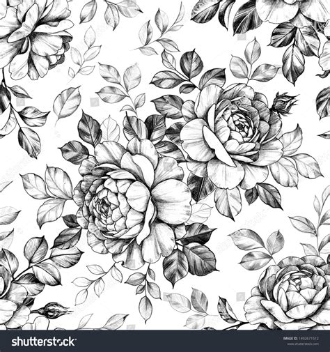 Seamless Pattern Made With Hand Drawn Rose Flowers And Leaves Pencil