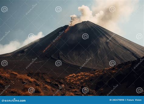 Active Volcano Erupting With Smoke And Lava During Day Created Using