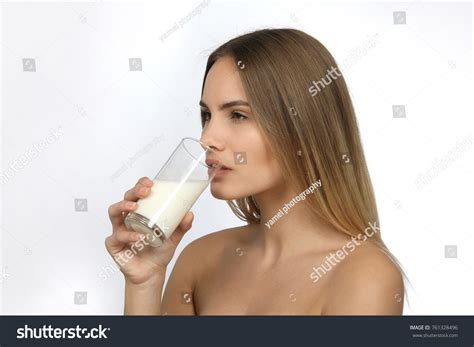 Beautiful Blonde Woman Naked Shoulders Glas Stock Photo