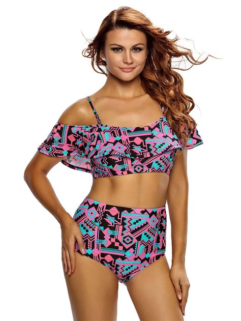 Graphic Print Ruffle Detail High Waist Bikini Set Shein Sheinside