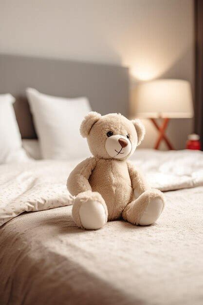 Premium Ai Image A Teddy Bear Sits On A Bed With A Lamp Behind It