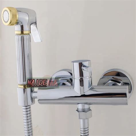 Toilet Bathroom Hand Held Bidet Spray Shattaf Brass Hot Cold Water Valve Mixer With Holder